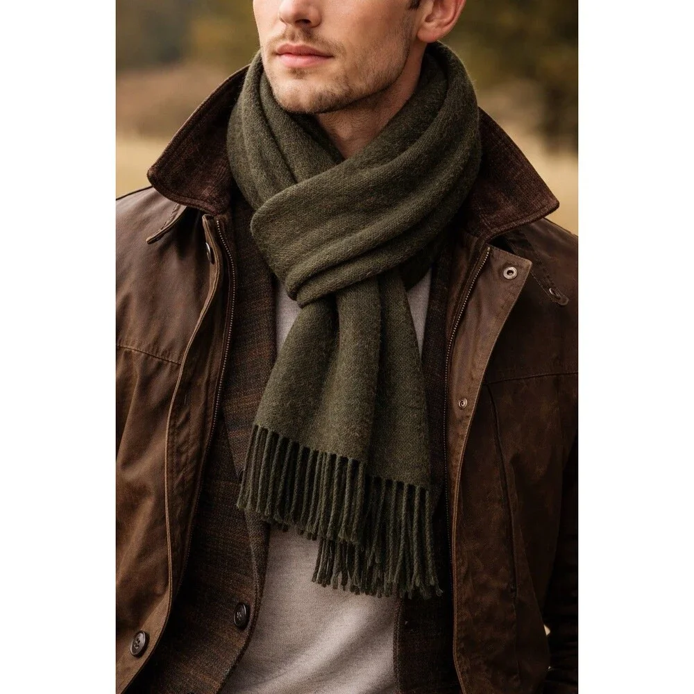 J Crew Moon Scarf Mens‎ Green Merino Wool Fringe Made England Tweed Luxury